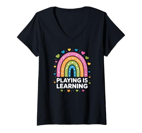 Damen Lustiger Spruch Spielen ist Lernen Regenbogen Herz Frauen Männer T-Shirt mit V-Ausschnitt von Preschool Classroom Humor for Moms Teacher Kids