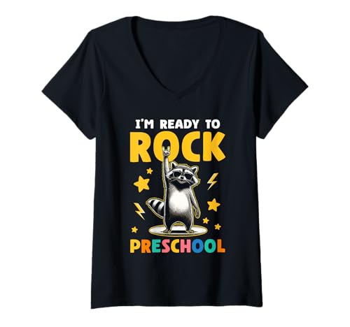 Damen Waschbär Rock Vorschule Jungen Mädchen Kinder Lustige Vorschule T-Shirt mit V-Ausschnitt von Preschool First Day Designs