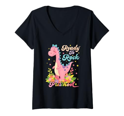 Damen Vorschulmädchen Dinosaurier Dino Zurück zur Schule Cartoon Rosa T-Shirt mit V-Ausschnitt von Preschool Girl Dinosaur Dino Back To School