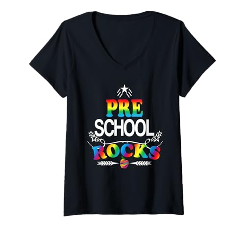 Damen Vorschule Rocks Fun Back to School Gear Schüler Lehrer T-Shirt mit V-Ausschnitt von Preschool Rocks Fun Back To School Sapphire Star