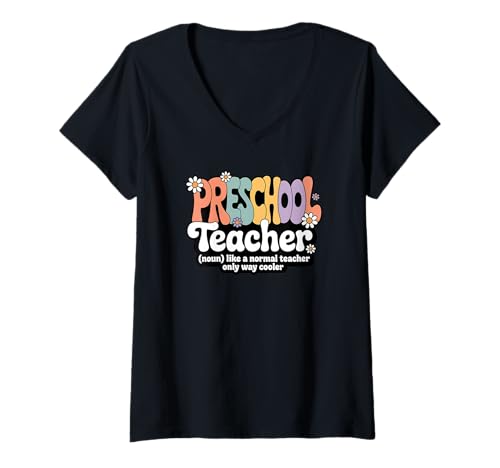 Damen Groovy Vorschullehrer Frühe Kindheit Zurück zur Schule T-Shirt mit V-Ausschnitt von Preschool Teacher Apparel for Women & Men