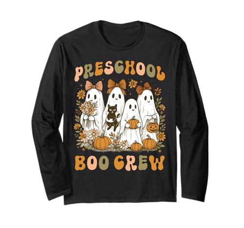 Vorschule Boo Crew Teacher Kinder Halloween Geist Katze Kürbis Langarmshirt von Preschool Teacher Halloween Costume Floral Ghost