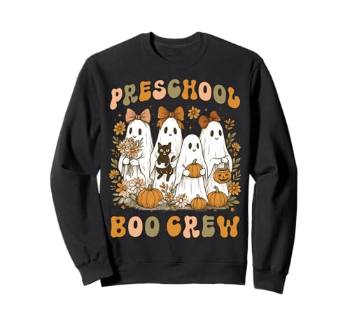 Vorschule Boo Crew Teacher Kinder Halloween Geist Katze Kürbis Sweatshirt von Preschool Teacher Halloween Costume Floral Ghost