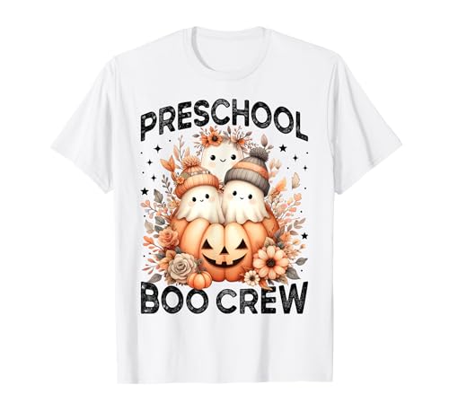 Boo Crew Vorschullehrer Wildblume Halloween Geist Frauen T-Shirt von Preschool Teacher Kids Fall Halloween Floral Ghost