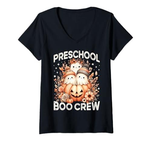Damen Boo Crew Vorschullehrer Wildblume Halloween Geist Frauen T-Shirt mit V-Ausschnitt Damen Boo Crew Vorschullehrer Wildblume Halloween Geist Frauen T-Shirt mit V-Ausschnitt von Preschool Teacher Kids Fall Halloween Floral Ghost