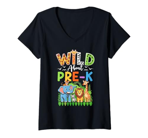 Damen Vorschullehrer Kinder Back To School Wild About Pre-K T-Shirt mit V-Ausschnitt von Preschool Team Back To School