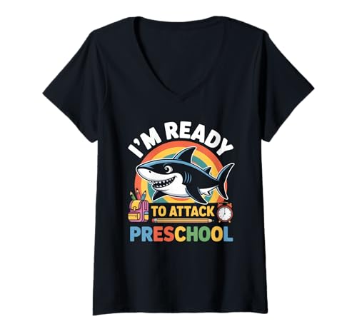 Damen Bereit, Hai-Kinder im Vorschulalter anzugreifen T-Shirt mit V-Ausschnitt von Preschoolers Cute Shark Boys Design