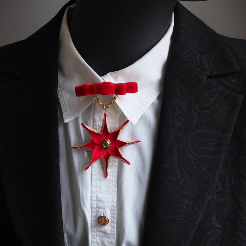 Versandfertige Samtblumen Medaille, Sternblumenbrosche, Rot-Goldene Blumenbrosche, Stilisierte Samtblumenfliege, Stoffblumenmedaillon von PresentPerfectStudio