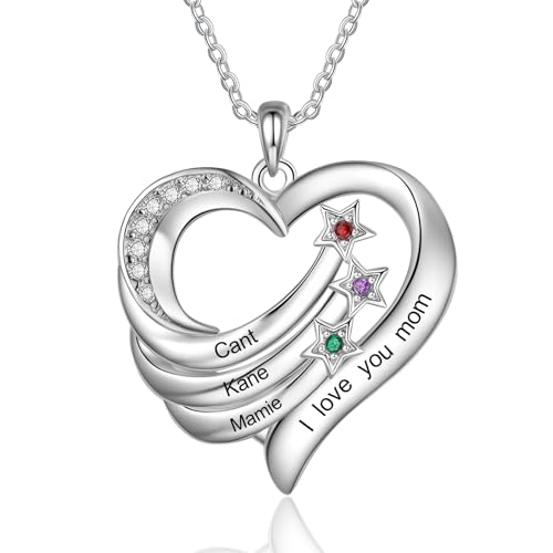 Damen Halskette mit Gravur Personalisierte Kette mit Name Geburtsstein Herz-Anhänger Geschenk für Damen Weihnachten Muttertag (3 name) von Presentimental