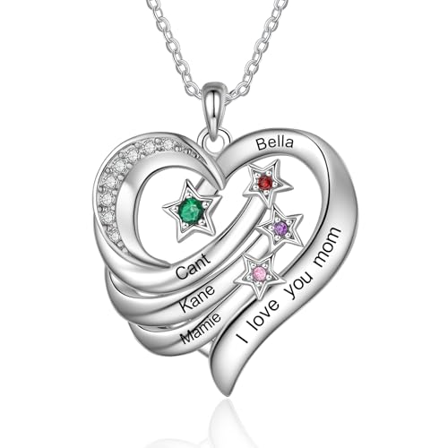 Damen Halskette mit Gravur Personalisierte Kette mit Name Geburtsstein Herz-Anhänger Geschenk für Damen Weihnachten Muttertag (4 name) von Presentimental