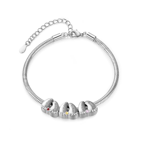 Personalisierte Babyfüße Armband mit Namen Silber Armbänder für Damen Geschenk für Mama Tochter Ehefrau Beste Freundin (3 name) von Presentimental