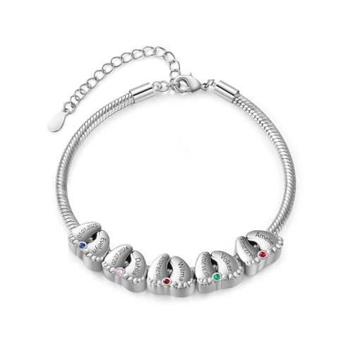 Personalisierte Babyfüße Armband mit Namen Silber Armbänder für Damen Geschenk für Mama Tochter Ehefrau Beste Freundin (5 name) von Presentimental