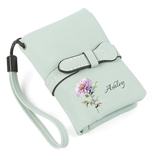 Personalisierte Brieftasche für Damen Geldbörse mit Geburtstagsblume Name Leder Portemonnaie Geschenk für Frauen Geburtstag Weihnachten Muttertag Valentinstag (Grün) von Presentimental