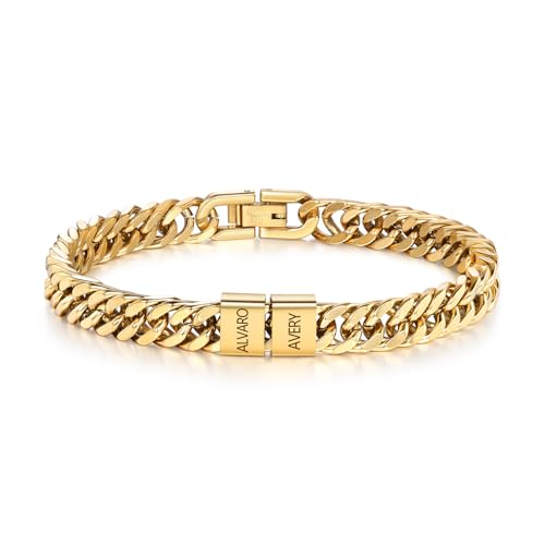 Personalisierte Cuban Chain Herrenarmband mit 1-6 Namen Vatertag Geschenk für Papa Opa Weihnachten Valentinstag Geschenke für Männer (Gold-2 name) von Presentimental