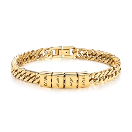 Personalisierte Cuban Chain Herrenarmband mit 1-6 Namen Vatertag Geschenk für Papa Opa Weihnachten Valentinstag Geschenke für Männer (Gold-4 name) von Presentimental