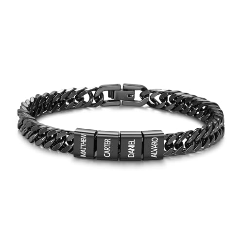 Personalisierte Cuban Chain Herrenarmband mit 1-6 Namen Vatertag Geschenk für Papa Opa Weihnachten Valentinstag Geschenke für Männer (Schwarz-4 name) von Presentimental