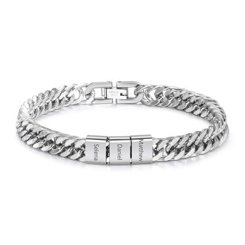 Personalisierte Cuban Chain Herrenarmband mit 1-6 Namen Vatertag Geschenk für Papa Opa Weihnachten Valentinstag Geschenke für Männer (Silber-3 name) von Presentimental