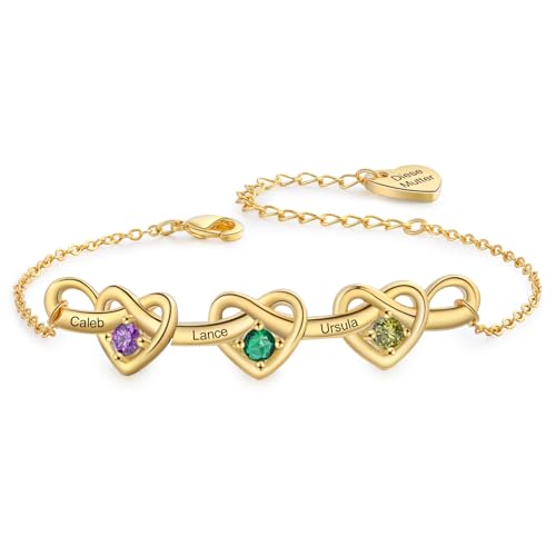 Personalisierte Damen Armbänder mit 2-6 Namen Herz Anhänger Verstellbare Simulierter 12 Geburtsstein Geschenk für Damen Mama Oma Muttertag Weihnachten (C-Gold, 3 Name) von Presentimental
