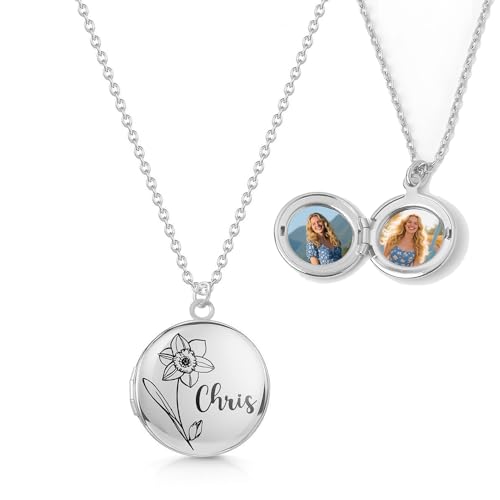 Personalisierte Foto Medaillon Halskette Runder Geburtsblumen Anhänger mit Namen Schmuck Geschenk für Mama Tochter Ehefrau Freundin Oma (Silber) von Presentimental