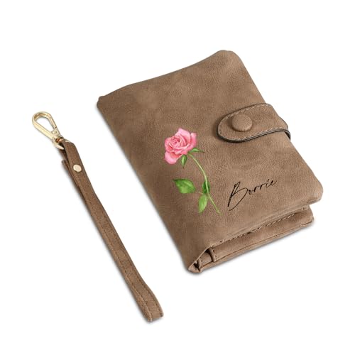 Personalisierte Geldbörse Damen Leder Geburtstag Blume Name Brieftasche Portemonnaie Geschenk für Damen Mutter Ehefrau Muttertag (Braun) von Presentimental