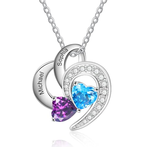 Personalisierte Halskette mit Name Geburtsstein Herzanhänger Silber Kette für Damen Geschenk für Muttertag Weihnachten Valentinstag (2 name) von Presentimental