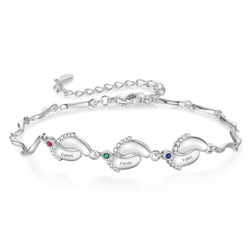 Personalisiertes Damen Armbänder mit Name Geburtsstein Babyfüße Unendlichkeitsarmband Familienarmband Geschenk für Mama Ehefrau Oma Tochter Weihnachten Muttertag (3 Namen) von Presentimental
