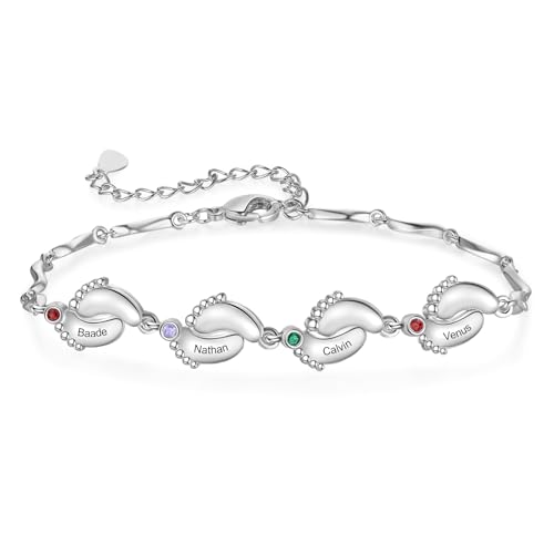 Personalisiertes Damen Armbänder mit Name Geburtsstein Babyfüße Unendlichkeitsarmband Familienarmband Geschenk für Mama Ehefrau Oma Tochter Weihnachten Muttertag (4 Namen) von Presentimental