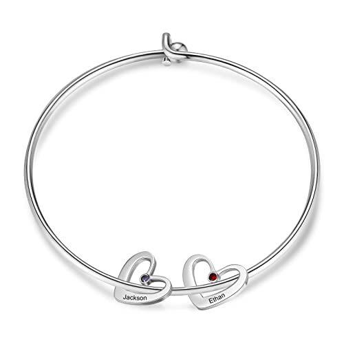 Presentimental Personalisierte Damen Armbänder mit 2-6 Namen Herz Anhänger Paar Armband Verstellbare Simulierter 12 Geburtsstein Namen Armbänder für Mutter/Tochter/Freundin（Silber#3） von Presentimental