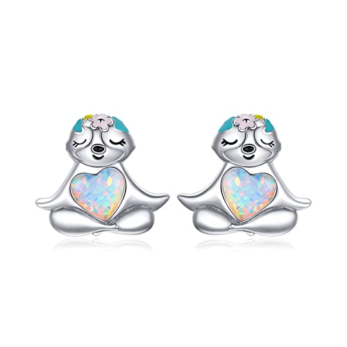 Presentski Opal Faultier Ohrringe Lächeln 925 Sterling Silber Bunte Blumen Nettes sitzendes Tier in Herzform Ohrstecker mit Platin überzogen Emaille Elegantes zierliches Geschenk für Frauen Mädchen von Presentski