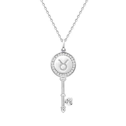 Presentski Stier Sternbild Anhänger Halskette Damen: 925 Sterling Silber Stier Halsketten Platin Überzogen Kette Sternbilder Astrologie Schlüsselform Halsketten mit Herz Zirkonia Horoskop Halskette von Presentski