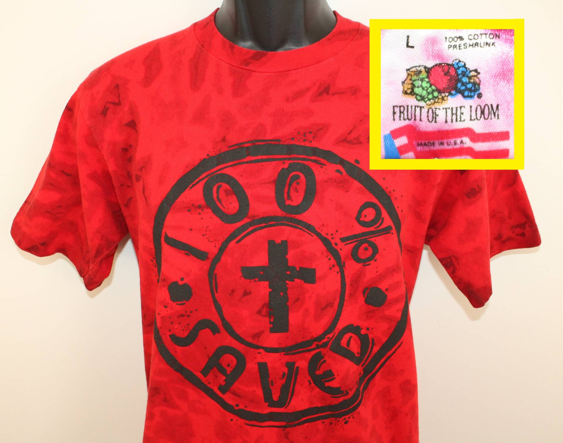 100 % Gespeichert Christlichen Jahrgang Batik T-Shirt M/L Rot Schwarz 80Er Jahre 90Er Frucht Des Webstuhls 100 % Gespeichert Christlichen Jahrgang Batik T-Shirt M/L Rot Schwarz 80Er Jahre 90Er Frucht Des Webstuhls von PreserveVintage