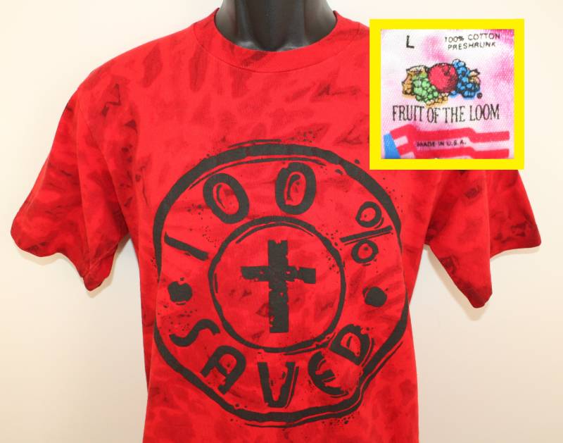 100 % Gespeichert Christlichen Jahrgang Batik T-Shirt M/L Rot Schwarz 80Er Jahre 90Er Frucht Des Webstuhls 100 % Gespeichert Christlichen Jahrgang Batik T-Shirt M/L Rot Schwarz 80Er Jahre 90Er Frucht Des Webstuhls von PreserveVintage