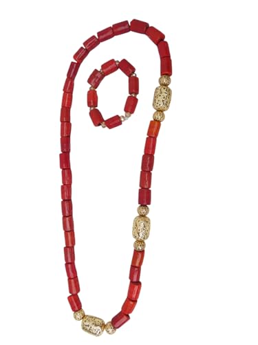 PrestigeApplause Traditionelle afrikanische Halskette und Armband mit roten Korallen – nigerianischer Edo-Igbo-Hochzeitsschmuck für Männer, Bräutigam und Partykleidung von PrestigeApplause
