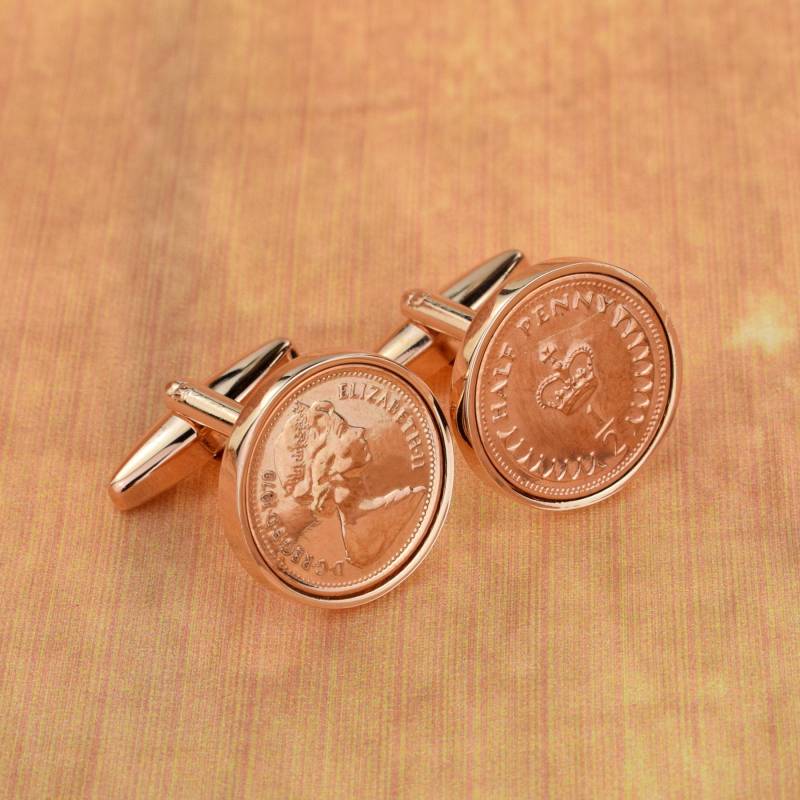 Polierte Half Penny Piece Rose Gold Manschettenknöpfe in Personalisierter Manschettenknopf Box von PrestigeGiftware