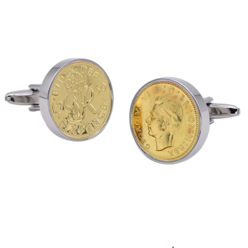 Rhodinierte Manschettenknöpfe Mit Hand Montiertem Vergoldetem Lucky Sixpence in Personalisierter Manschettenknopfbox von PrestigeGiftware
