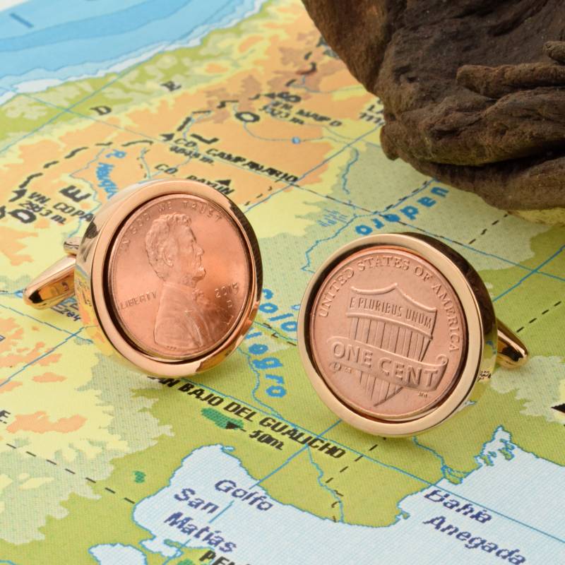 Rosegold Manschettenknöpfe Mit Polierter 1 Cent Münze in Personalisierter Manschettenknopf Box von PrestigeGiftware