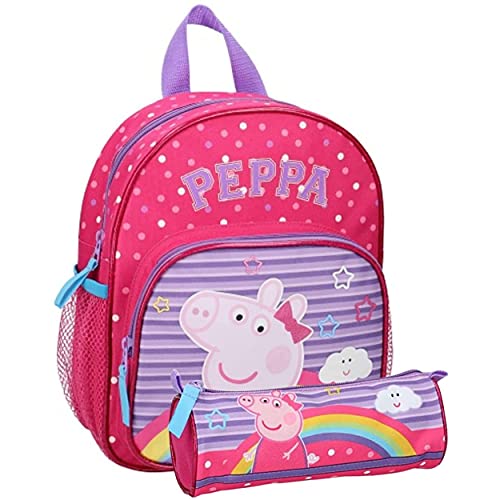 Pret - Peppa Pig Rucksack – Rosa – Kinder – Schule – Grundschule – Kindergarten – Kindergarten – Kindergarten – Schulranzen für Jungen/Mädchen – Größe 29 cm – verstellbare Träger + Federmäppchen, von Pret