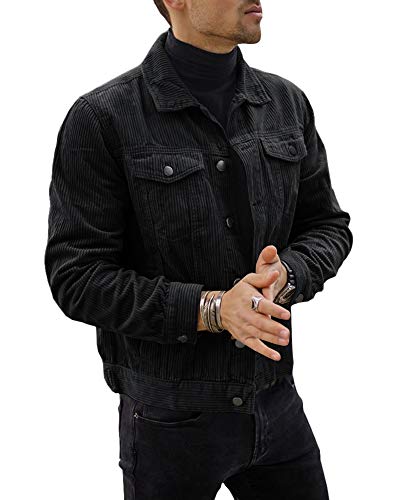 Herren Cord-Truckerjacke Slim Fit Casual Button Down Stilvolle Herbst Winter Mantel - Schwarz - XX-Large von Pretifeel