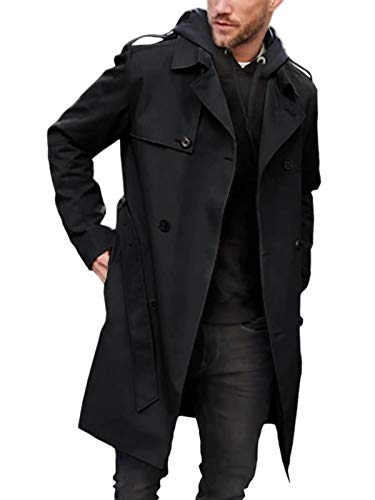Pretifeel Herren-Trenchcoat, schmale Passform, zweireihig, lang, gekerbter Revers-Gürtel, winddichter Herbstmantel, Schwarz, XL von Pretifeel