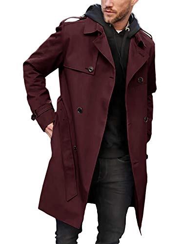 Pretifeel Herren Trenchcoat Slim Fit zweireihig Militär gekerbt Revers Gürtel Herbst Lange Windbreaker Jacke - Rot - Groß von Pretifeel
