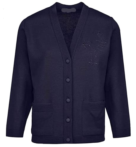 Pretty Attitude Senior Damen Klassische Strickjacke Stickerei Langarm Taschen Ältere Damen, Marineblaue Stickerei Cardi., L von Pretty Attitude