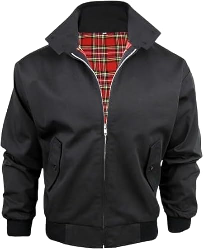 Pretty Attitude Workwear Harrington-Jacke mit Schottenkaro-Futter, hergestellt in Großbritannien, klassische Herren-Bomberjacke mit Reißverschluss, Schwarz , L von Pretty Attitude