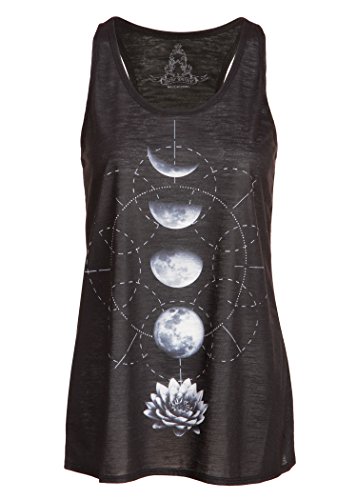 Schwarzes Damen Yoga Tank Top T-Shirt mit Lotus Blume und Mond Design – Gr. M von Pretty Attitude