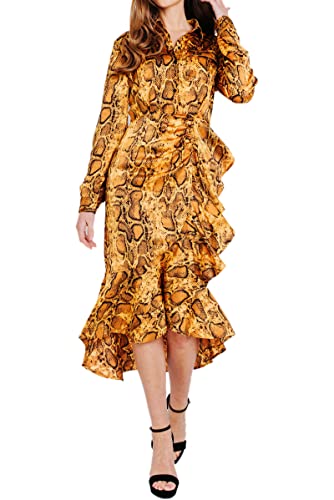 Pretty Darling Damen Hemdkleid mit Langen Ärmeln und Rüschen, senffarben und Schlangenprint, Midi, Lässiges Kleid, 34 von Pretty Darling