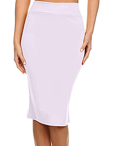 PrettyFashion Damen Midi Rock Stretch Figurbetont Business Bleistift Röcke (Weiß, S) von PrettyFashion