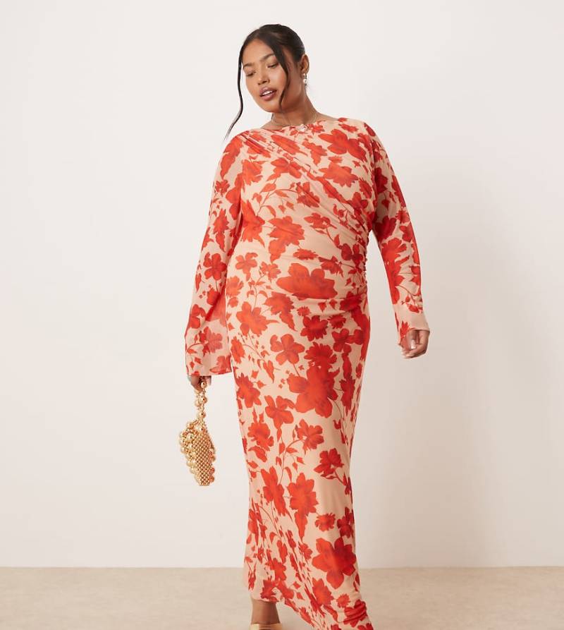 Pretty Lavish Curve - Ethel - Langärmliges Midaxi-Kleid aus Jersey mit rotem Blumenmuster von Pretty Lavish Curve