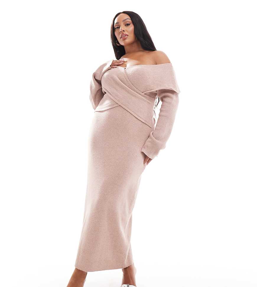 Pretty Lavish Curve - Halblanges Strickkleid in Rosa mit überkreuztem Bardot-Ausschnitt von Pretty Lavish Curve