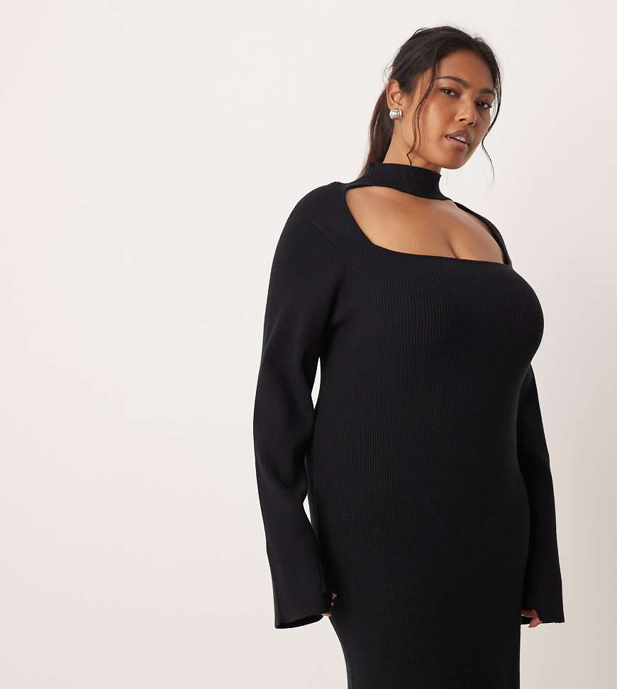 Pretty Lavish Curve - Maxikleid aus Strick in Schwarz mit eckigem Ausschnitt und Choker-Detail von Pretty Lavish Curve