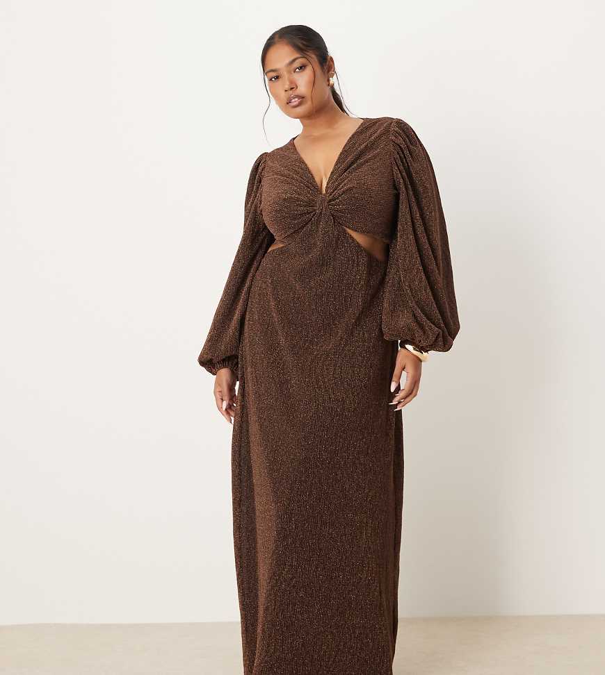 Pretty Lavish Curve - Maxikleid in schimmerndem Braun mit V-Ausschnitt, Ballonärmeln und Zierausschnitten-Brown von Pretty Lavish Curve
