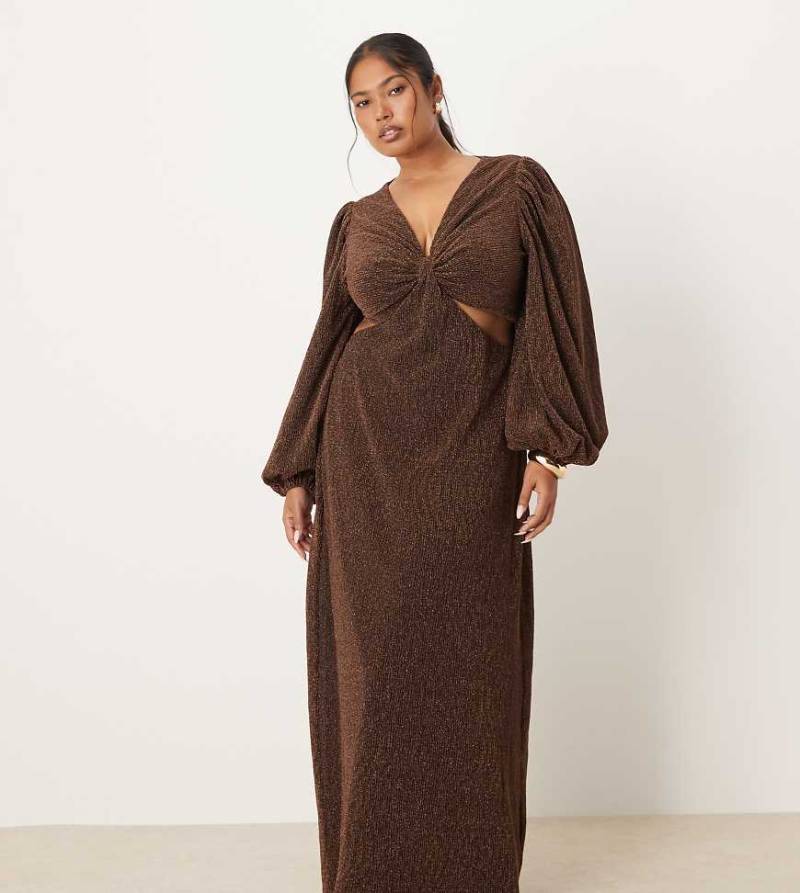 Pretty Lavish Curve - Maxikleid in schimmerndem Braun mit V-Ausschnitt, Ballonärmeln und Zierausschnitten-Brown von Pretty Lavish Curve